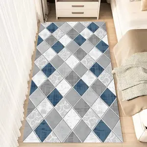 1pc Geometric Retro Blue Diamond Pattern Fluffy Minimalist Area Rug, Polyester 100% Flannel Carpet, Non-Slip Rectangle Floor Mat for Living Room, Bedroom, Kitchen, Office, Entryway, Bedside Rug | Washable Carpet Mats Perfect Holiday Home Gift