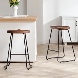 FIRAVOE Bar Stools Set of 2, 26" Counter Height Bar Stools with Metal Leg, Rustic Backless Bar Stool for Kitchen Island, Bar Chairs with Solid Wood Saddle Seat (Walnut, 2 PCS 26Inch Counter Stools)