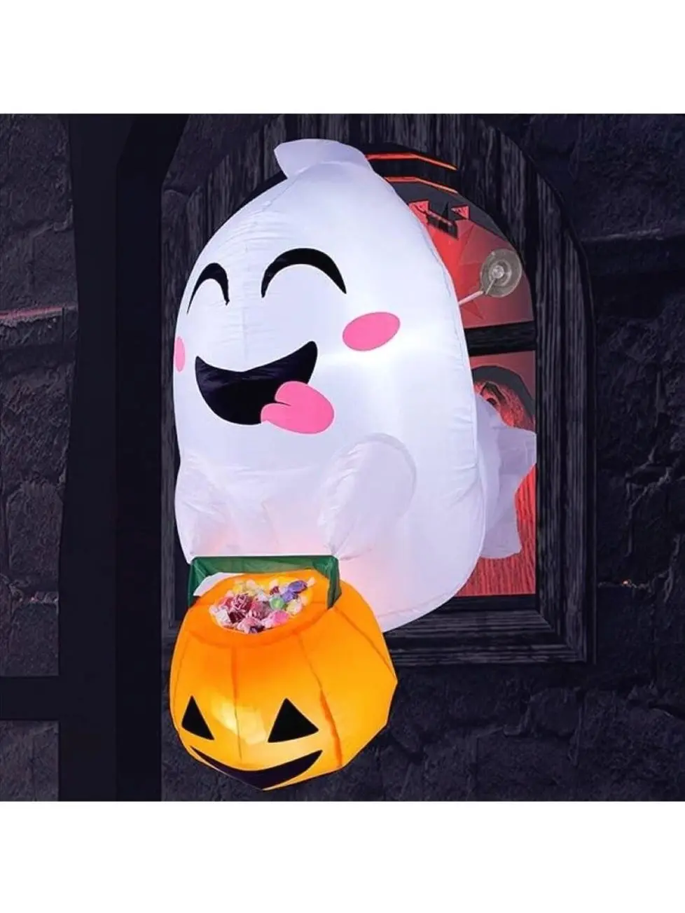 Joyfy 3.5 Ft Tall Halloween Inflatable Flying Ghost Broke Out From Window Inflatable Cute Ghost Holding Candy Basket With Build-In LEDs, Blow Up For Halloween Outdoor, Yard, Garden, Lawn Decoration