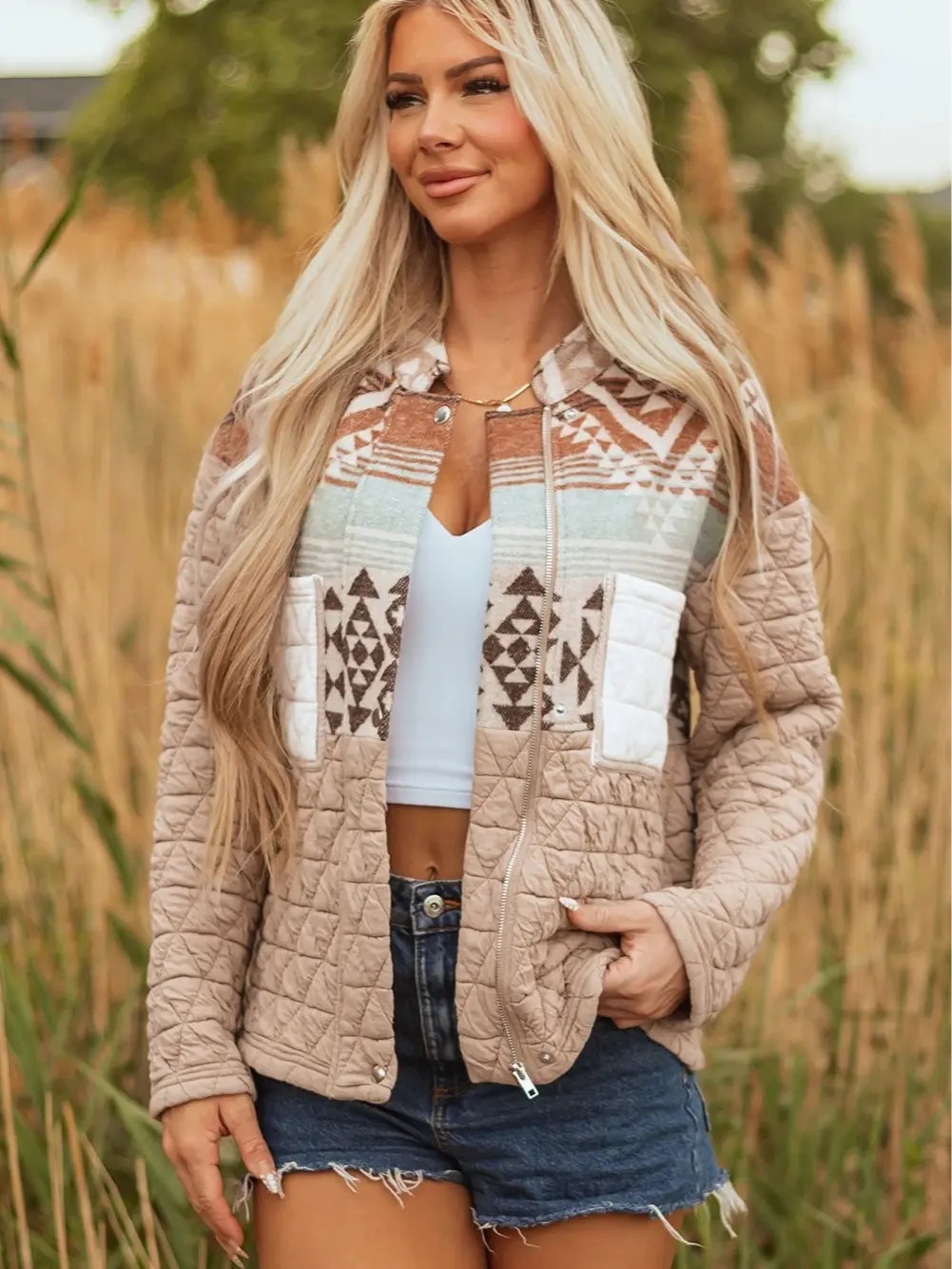 Women’s Aztec Patchwork Quilted Jacket, Western Zip Up Coat with Snap Button Front, Warm Casual Outerwear for Fall, Winter, Travel and Everyday Wear