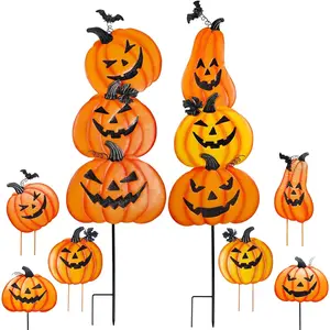2 Pack Halloween Garden Stakes, Stacked Metal Pumpkins Jack-o-Lantern Lawn Decor, Yard Signs Stake Outdoor Decorative 3D Pumpkin Home Lawn Pathway Driveway Decorations