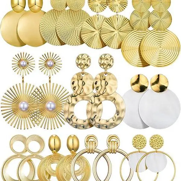 11 Pairs Big Disc Drop Earrings Set for Women - Golden Dangle Earrings with Round Hammered Statement Design, Versatile Everyday & Party Jewelry errings
