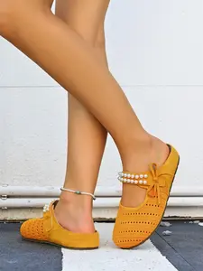 2026 Spring Summer Bestseller, Pearl Hollow Out Knit Mules, Lazy One-Step Flat Toe Slippers, Casual Commute Outerwear