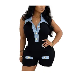 Womenswear Backless Lapel Halter Romper - Black with Button Front and Side Pockets, Versatile Design for Casual Wear - Jumpsuits