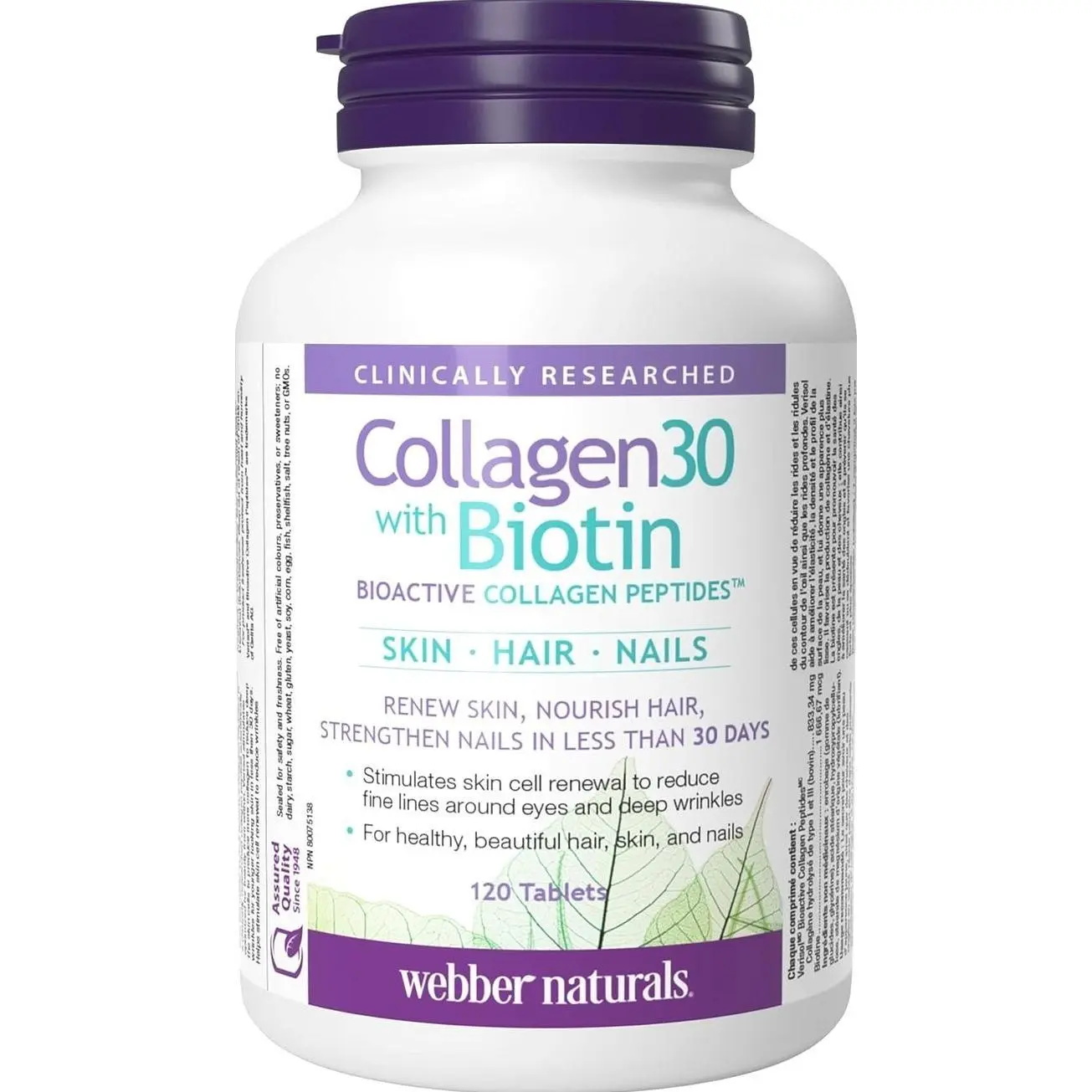 Webber Naturals Collagen30 with Biotin, 2,500 mg of Bioactive Collagen Peptides with 5,000 mcg of Biotin Per Serving, 120 Tablets, For Advanced Nourishment of Skin, Hair and Nails, Dairy & Gluten Free
