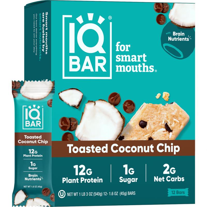 IQBAR Toasted Coconut Chip (12 Bars) - Brain and Body Plant Protein Bars - 12 Count, Low Carb, High Fiber, Gluten Free, Vegan Snacks - Low Sugar Keto Energy Bar