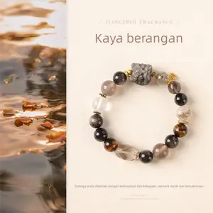 [Wealth Abundance] crystal bracelet, silver obsidian grey agate smoky quartz super seven tiger eye white crystal, unisex, daily wear gift, 10mm beads, natural stone lion ornament gold accents, wealth blessing abundance symbol