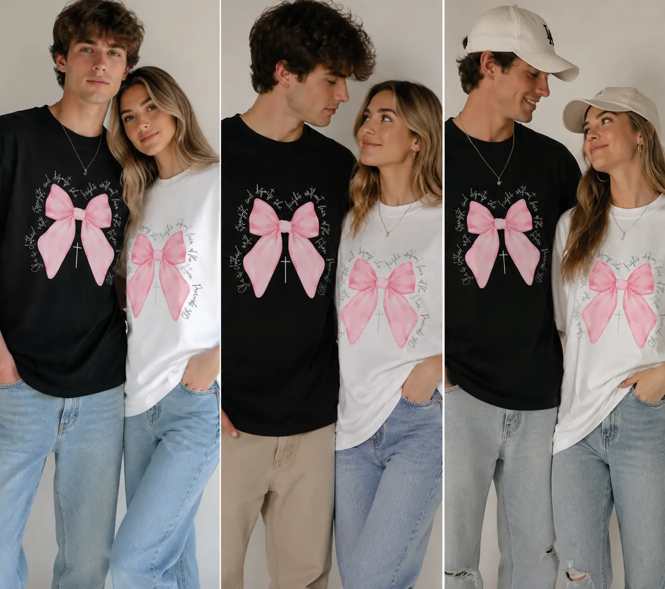 Vintage Bow Cross Graphic T-Shirt, Elegant Unisex 100% Cotton Tee for Couples, Comfortable and Breathable Casual Short Sleeve Top
