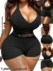 Women's Sexy Fitted Jumpsuit, Hollow Out Neckline Knit Short Pants, Summer Beach Vacation Style, Backless Design, Plain Pattern, Romper Jumpsuit, Womenswear