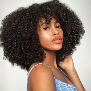 Afro Kinky Curly Wig With Bangs Human Hair For Black Women180 Density Brazilian Virgin Short Curly Hair Wigs, Full Machine Made Scalp Top Glueless Wig Human Hair Natural Black Color