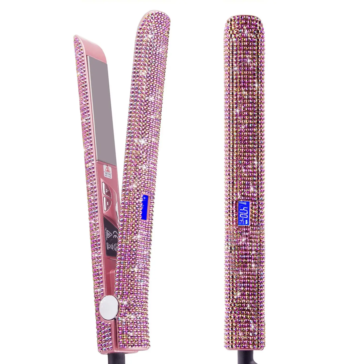 Crystal Bling 2-in-1 Straightener & Curler - 1" Titanium Flat Iron, 480°F Salon-Grade Heat & Dual Voltage (Rose Pink)