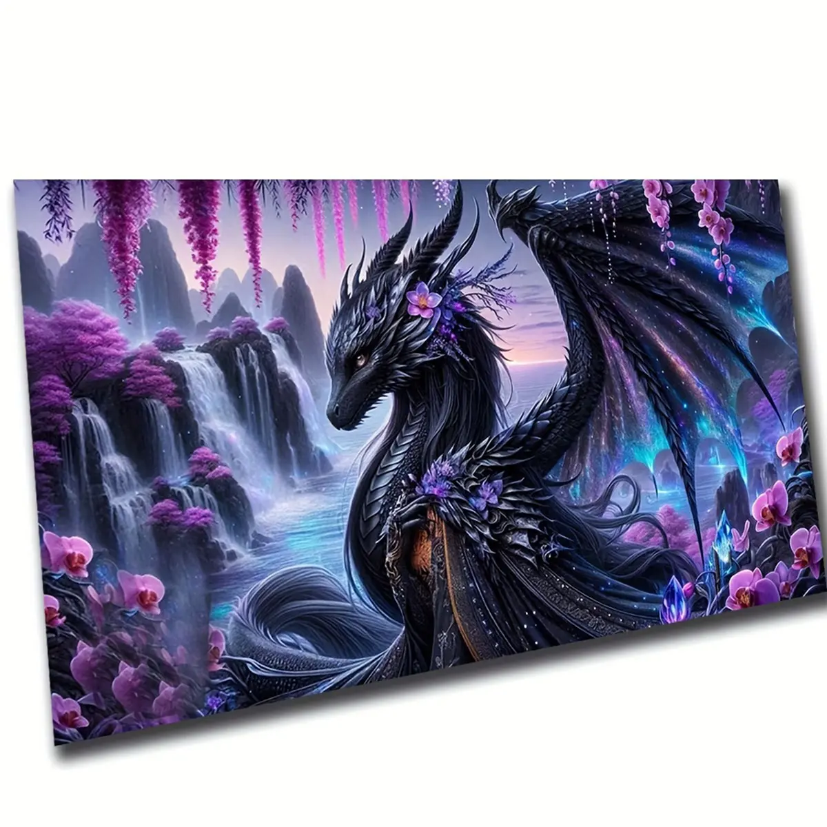 summerwins 1pc Full Round Acrylic Diamond Painting Craft Kit - 70x40cm(28x16in) Waterproof Wrinkle-Free Fantasy Black Dragon Landscape Waterfall Diamond Art, Sticky-Safe Film DIY Needlework for Adults Home Decor Office