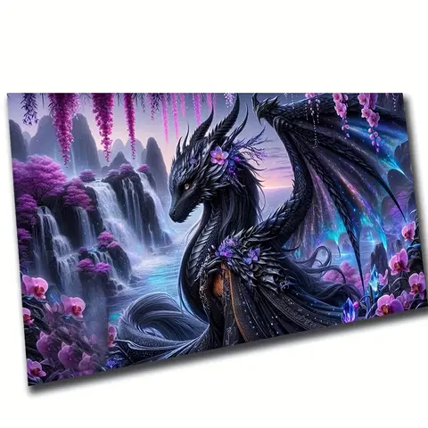 summerwins 1pc Full Round Acrylic Dragon Diamond Painting DIY Kit - 70x40cm(28x16in), Waterproof Wrinkle-Free Fantasy Landscape Waterfall, Sticky-Safe Film, 1x Diamond Tray, Adult Beginners' Home/Office Decor Needlework Diy Kits
