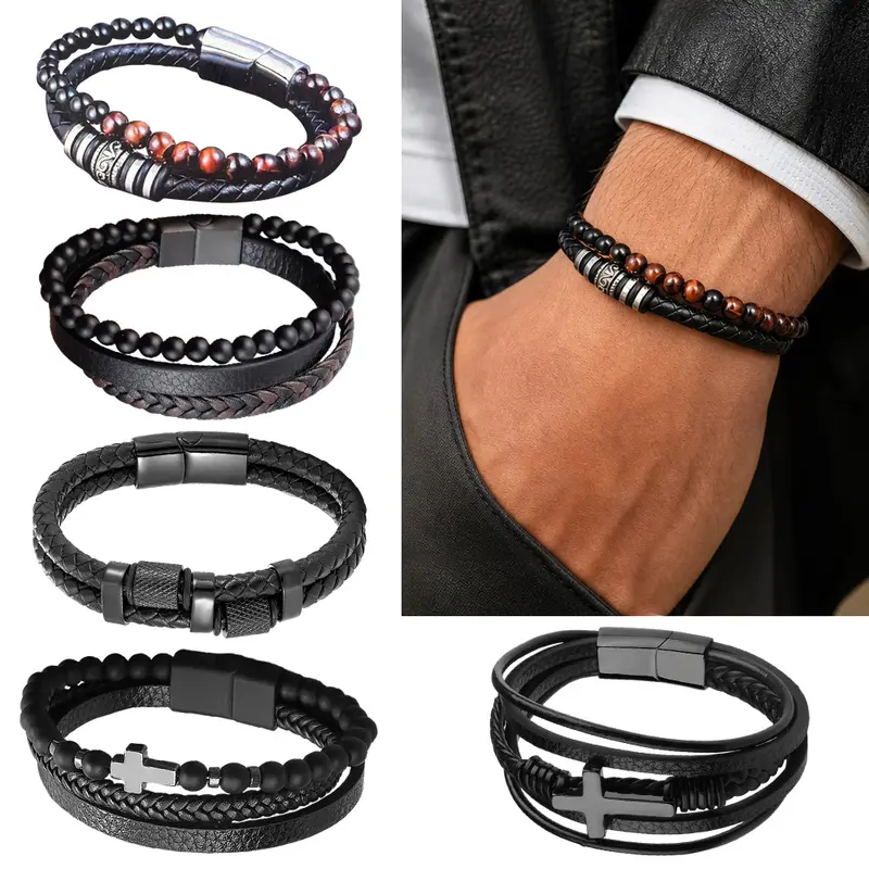 5pcs Black Leather Bracelets for Men Women Mens Bracelet Leather and Steel Braided Cuff Bracelets