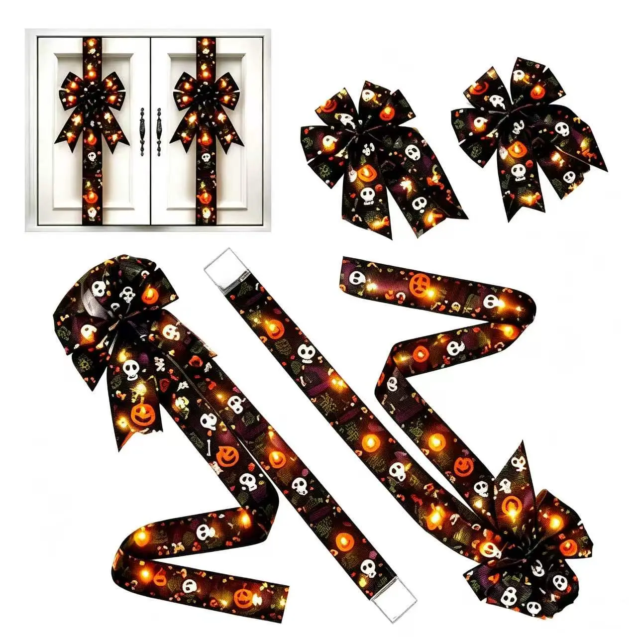 Halloween Holiday Door Tassel Big BowWreath 79x2.4 inches Polyester Battery-Powered Light-Up Festive Home Decoration
