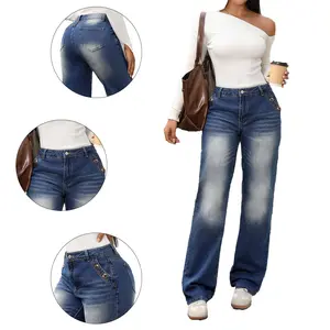 Dark Wash Distressed Wide Leg Jeans for Women - High Waisted Retro Denim Pants with Vintage Style