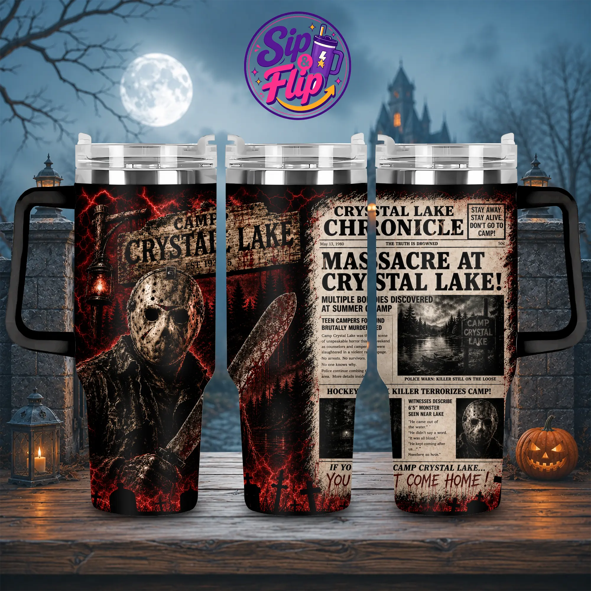 Jason Voorhees Friday the 13th 40oz Tumbler with Handle & Straw, Halloween Horror Movie Cup, Camp Crystal Lake Killer Insulated Travel Mug, Scary Slasher Film Fan Gift, Spooky Halloween Drinkware