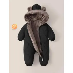 Winter Warm Full-Zip Romper - Thick Fleece-Lined Cold Weather Outfit with Bear Ears & Zipper Closure, Soft Polyester Fabric, for Outdoor, Halloween Thanksgiving Christmas - Cute ' Clothing, ' Winter Wear, ' Winter Clothing, '