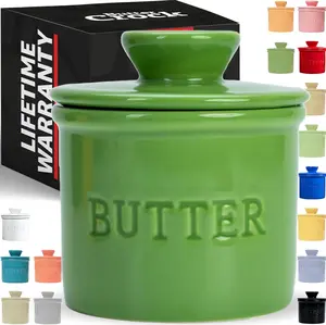 Prioritychef Butter Crock with Lid with Water Line, Ceramic French Butter Dish to Leave on Counter, Green PriorityChef