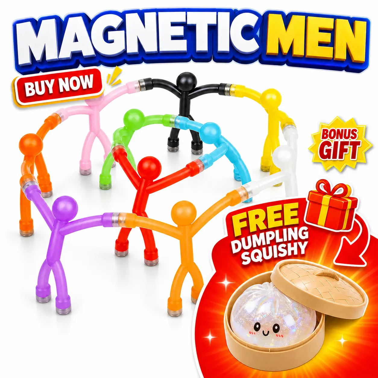 [Back to School] Buy Magnetic Men Figures Get Dumplings Squishy FREE - Cute Steamer Box Packaging, Halloween Trick or Treat Party Favors, Candy Alternative Gifts Colorful Magnetic Stick Figures Decro for Fridge