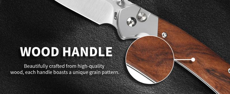 CJRB Bowie Pyrite Pocket Tool Knife with 3.15'' AR-RPM9 Steel Blade, Hunting Knife with Wood Handle for Camping and FathersDayGift