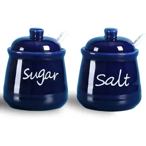 12oz Sugar and Salt Bowls with Lid and Spoon Ceramics Condiment Pots Seasoning Jar Spice Container for Kitchen Dishwasher Safe (Navy)