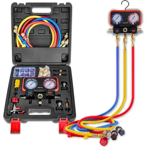 HVAC Manifold Gauge Set for R22/R410a/R134a Refrigerant, 3 Way AC Refrigerant Gauges Set with R22 R410a Safety Valves, 5FT Hoses, R134a Adapters, Can Tap, Upgrade Red