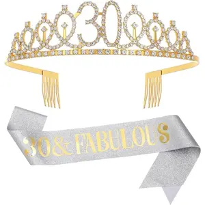 Silver-gold sash and rhinestone crown set for women aged 30/40/50/60/70/80 and above, perfect as a birthday gift. Ideal for birthday parties of women aged 30, 40, 50, 60, 70, and 80 (shiny silver-gold birthday decoration).