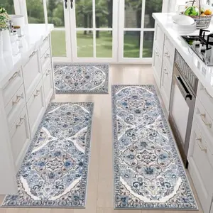 Flannel Farmhouse Kitchen Rugs Set of 3 - Non Slip Washable Boho Print Mats with Floral Design for Floor, Hallway, Laundry Room Decor