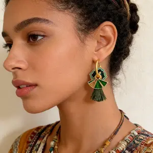 Boho Green Fan Tassel Earrings| No-Pierce, Pain-Free, Retro Ethnic Statement Pieces#unique#boho style#Dramatic design