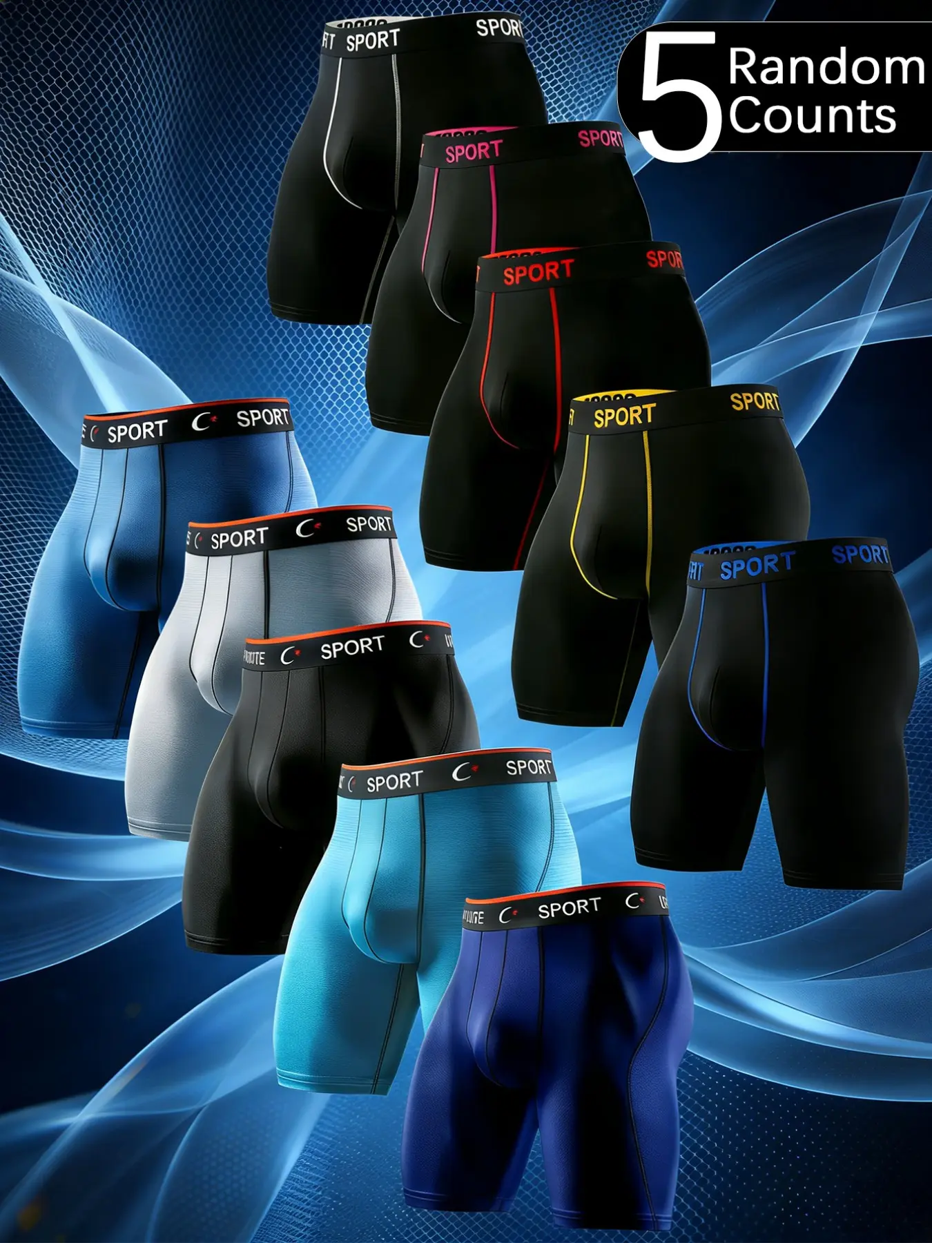 5 pcs Men's solid color long underwear With contour bands, Breathable quick drying elastic waistband sports pants, Workout Gym Underwear, Athletic Sport Underwear, Training Underwear, Stretchy Sports Underwear, Suitable for daily wear and exercise fitness