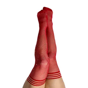 Joely: Red Fishnet Rhinestone Thigh-Highs Women’s Hosiery Petite to plus Size