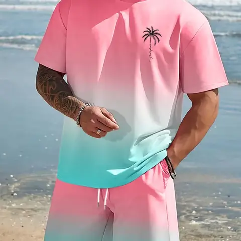Men's Casual Sportswear Set, Hawaiian Gradient Design, Round Neck Short Sleeve T-Shirt & Elastic Waist Shorts for Summer Outdoor Activities, Athletic Tropical Activewear, Gradient Fitness Set, Short Sleeves Set