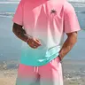 Men's Casual Sportswear Set, Hawaiian Gradient Design, Round Neck Short Sleeve T-Shirt & Elastic Waist Shorts for Summer Outdoor Activities, Athletic Tropical Activewear, Gradient Fitness Set, Short Sleeves Set