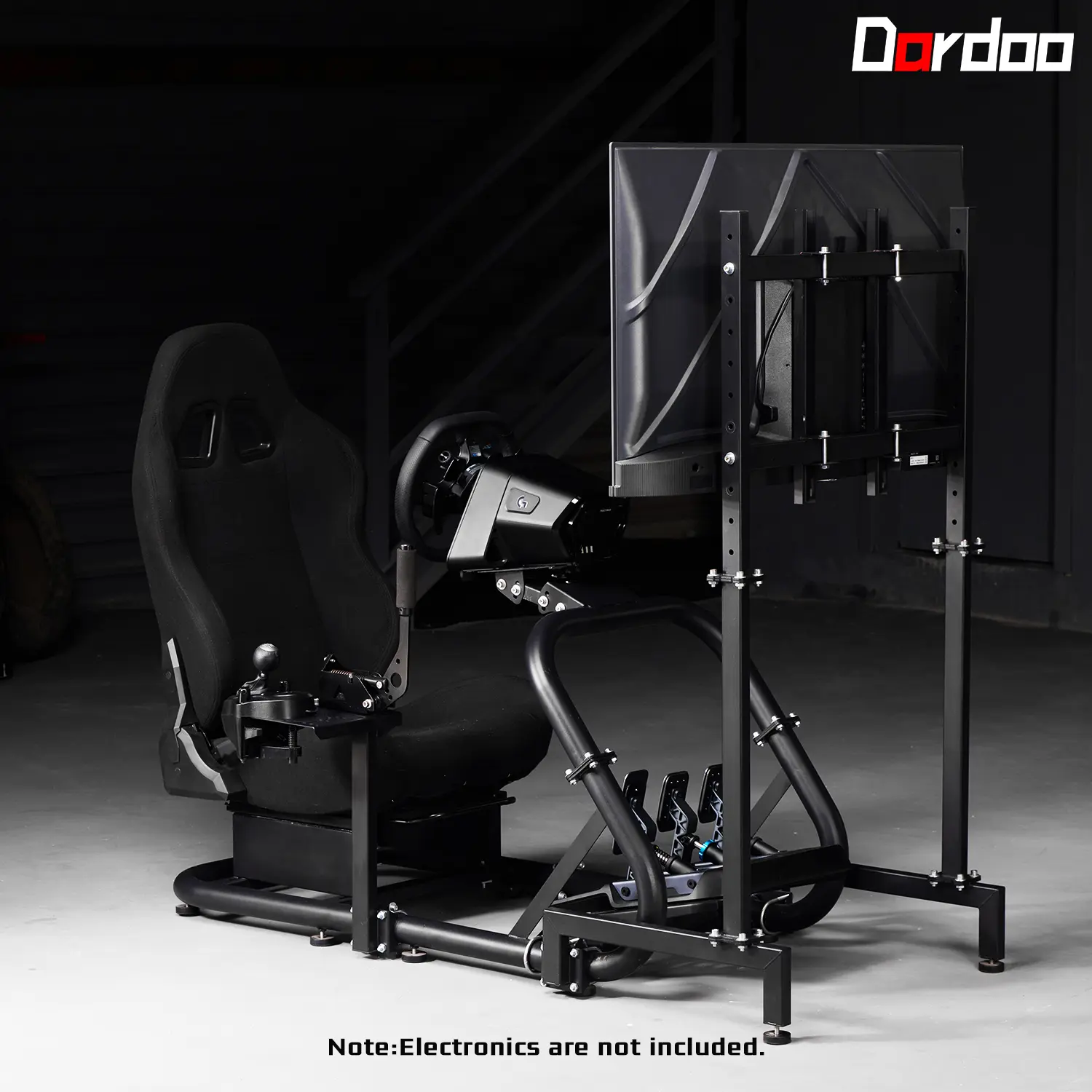 Dardoo Pro Racing Simulator Cockpit for Adults - TV Stand, TV Mount, Gaming Chair Fabric Breathable Mesh Black Seat, Dual-Angle Wheel Compatibility, U-Bolt Stability, Works with G29, G923, T300RS (Wheel, Handbrake, Shifter, Pedals Not Included)
