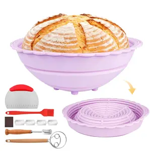 Silicone Banneton Bread Proofing Basket,9 Inch Round Proofing Bowls for Sourdough Bread,Foldable Silicone Banneton Basket,Easy Clean Proofing Basket,Bread Proofing Basket Kit with Baking Tools