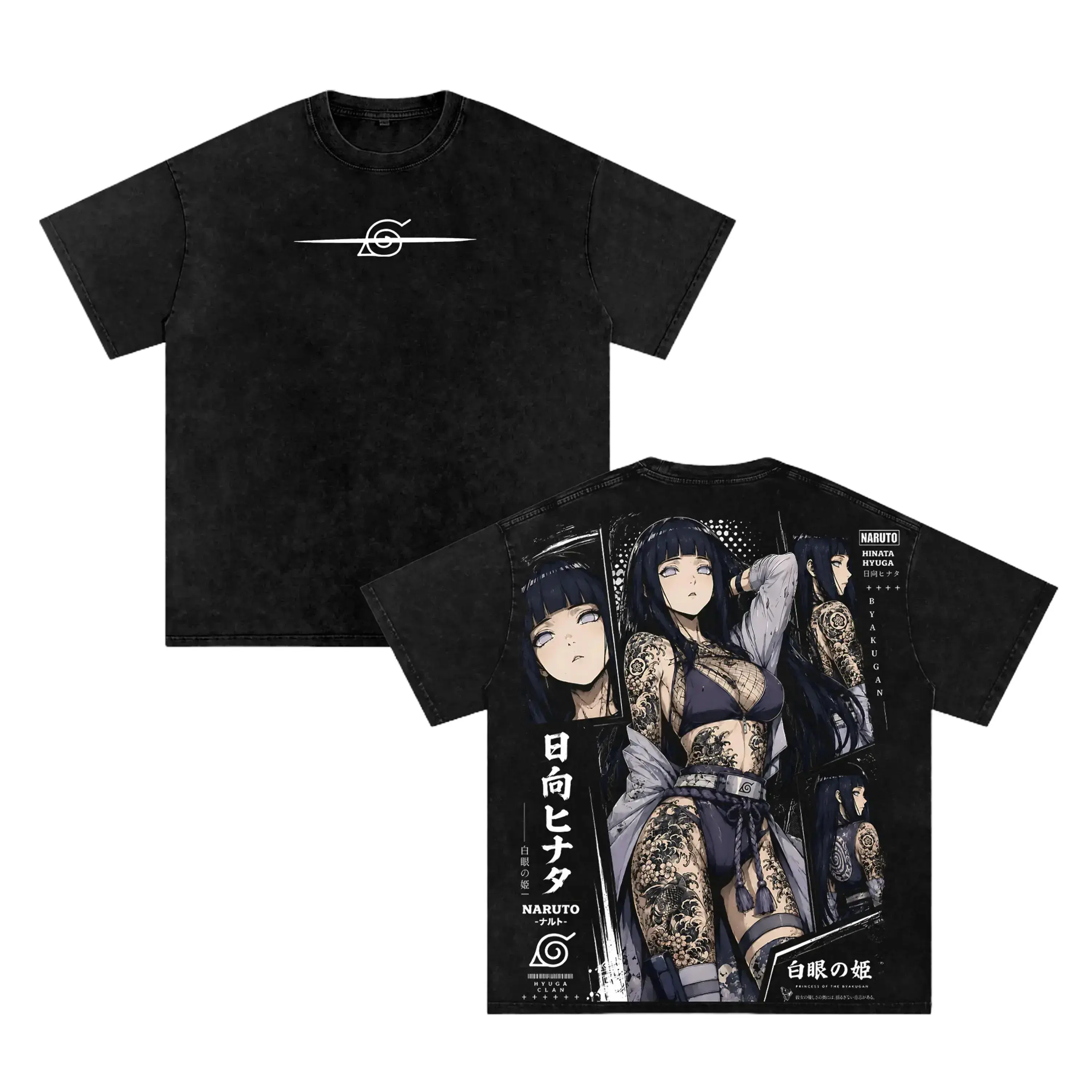 Hinata Hyuga Irezumi Tattoo Anime Graphic Tee | Gothic Dark Fantasy Vintage Washed T-Shirt | Heavy Cotton Oversized Y2K Streetwear Top | Grey Acid Wash Mineral Manga Shirt