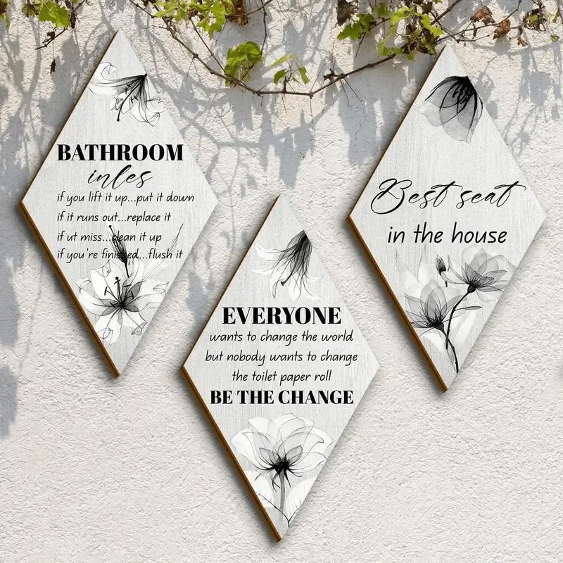 Bathroom Rules Wooden Wall Decoration, Floral Aesthetic Pattern, Quote Prints, 3 Counts/set Bathroom Letter Pattern Wall Hanging Decor, Creative Wall Art Decor for Home Living Room Bedroom Bathroom, Ornaments, Artwork For Walls