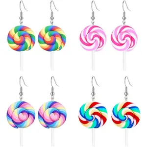MIGUO STORE 4 Pairs Creative    Colorful Rainbow Lollipop Dangle Earrings  Kawaii Candy Ice Cream Earrings Set for Women