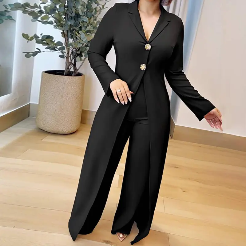 CHICME Women's Notched Collar Long Sleeve Button Front Jumpsuit Wedding Guest Wedding Casual Cinched Waist Wide Leg Faux Two-Piece Jumpsuit