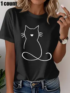 Plus Size Cat Print T-Shirt for Women, Casual Round Neck Short Sleeve Top, Comfortable Plus Size Daily Wear Clothing