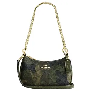 COACH Teri 20 Camo Print Zip Crossbody Bag for Women, Faux Leather and Recycled Leather, Small Size, Dark Cedar