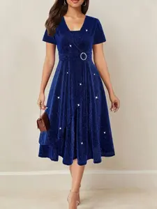 Asymmetrical Hem Short Sleeve V-neck Cross Elegant Solid Color Rhinestone Dress Blue