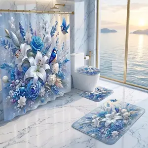 4Pcs Shower Curtain Set Blue Roses, White Lilies, Songbird, Bathroom Sets with Rugs, Christmas Halloween Thanksgiving, Bathroom Decor, Elegant Blue Roses With White Lilies And A Songbird Among Delicate Foliage