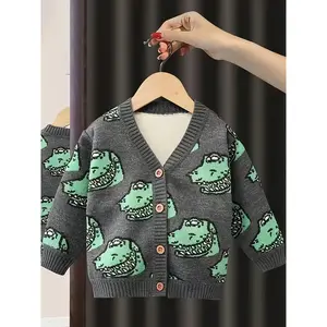 Boy's Spring Autumn Knit Cardigan With Fleece Warm Lining Dinosaur Pattern Cute V-neck Button Up Long Sleeve Sweater For Outdoor