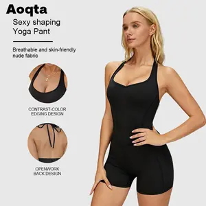 Halter Square Neck Sports Jumpsuit, Slim-Fit Stretchy Fabric & Open-Back Tie Design, Minimalist Sporty Style, Ideal for Yoga Training, Gym Sessions & Light Casual Sports Fitness Activewear romper