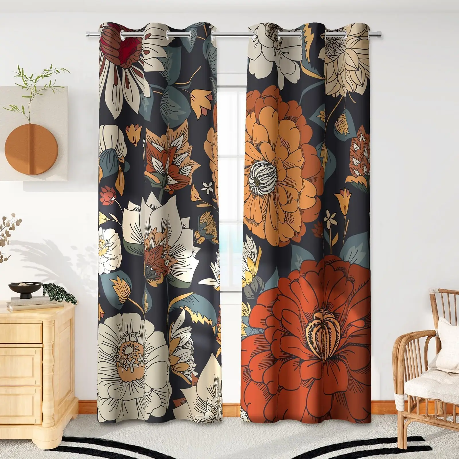 Tyrot Boho Floral 100% Blackout Curtains for Bedroom 2 Panels Mid Century Botanical Black Out Curtains for Living Room Grommet Thermal Insulated Room