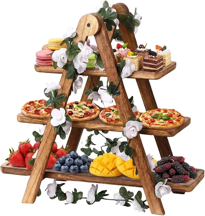 Brown Wooden 3-Tier Foldable Serving Tray Set - Smooth Rectangular Farmhouse Stand, Charcuterie Board, Cupcake Dessert Holder for Wedding Party Decor with Flower Garland Compatibility