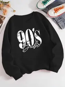 Women's "90'S Babe" Letter & Number Print Drop Shoulder Sweatshirt, Casual Thermal Lined Long Sleeve Round Neck Pullover for Fall & Winter, Ladies Clothes for Daily Wear