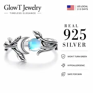 S925 Sterling Silver Crescent Moon & Moonstone Adjustable Ring - Oxidized Twig & Leaf Open Band with Iridescent Moonstone, Hypoallergenic Ring for Sensitive Skin, Witchy Forest Jewelry for Lunar Rituals & Intuition Magic